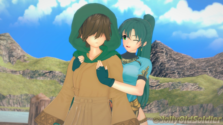 1boy 1girls 3d alternate_version_available bare_thighs breasts brown_hair clothed clothed_female clothed_male clothed_male_clothed_female earrings female fingerless_gloves fire_emblem fire_emblem:_the_blazing_blade gloves green_eyes green_hair hair_over_eyes hug jollyoldsoldier long_hair long_sleeves lyn_(fire_emblem) male mark_(fire_emblem) medium_breasts nintendo one_eye_closed open_mouth outdoors pelvic_curtain ponytail short_hair short_sleeves sky smile thighs