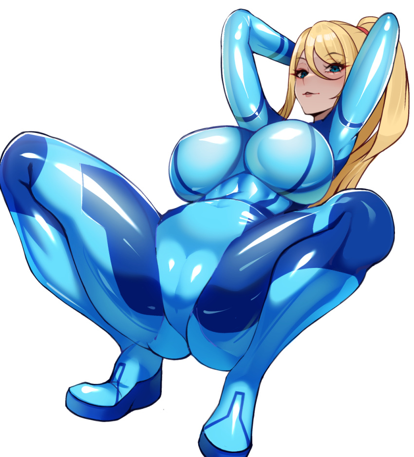 big_breasts blonde_hair bodysuit clothed clothing hands_behind_head large_breasts metroid nintendo plugsuit samus_aran squatting thick_thighs volyz zero_suit_samus