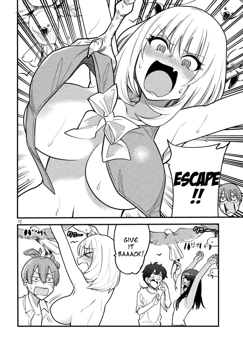 2boys 2girls 774_(nanashi) assistant_(tejina_senpai) big_boobs big_breasts bikini bikini_removed black_and_white black_hair blush breasts canonical_scene cleavage crossover curvy embarrassed embarrassed_nude_female enf english_text hayase_nagatoro heavy_blush long_hair manga monochrome naoto_hachioji_(senpai) navel official_art please_don't_bully_me,_nagatoro short_hair simple_background small_breasts stolen_bikini stolen_swimsuit tan tan_skin tanline tanned tejina_senpai tejina_senpai_(character) text white_background wide_hips