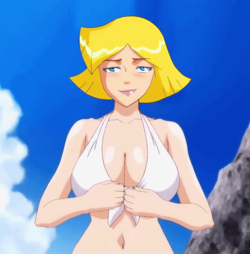 animated blonde_hair bloodyblender blue_eyes boob_drop breast_drop breasts clothing clover_(totally_spies) edit edited exposed_breasts female flashing flashing_breasts gif human nipples outside pale_skin removing_clothing swimwear totally_spies