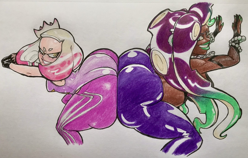 2girls ass ass_to_ass asses_touching big_ass butts_touching commission dancing dark-skinned_female dark_skin fat_ass female_only huge_ass inkling light-skinned_female light_skin marina_(splatoon) multiple_girls octoling off_the_hook_(splatoon) oh_gosh_levi pearl_(splatoon) splatoon splatoon_(series) splatoon_2 thick_thighs twerking