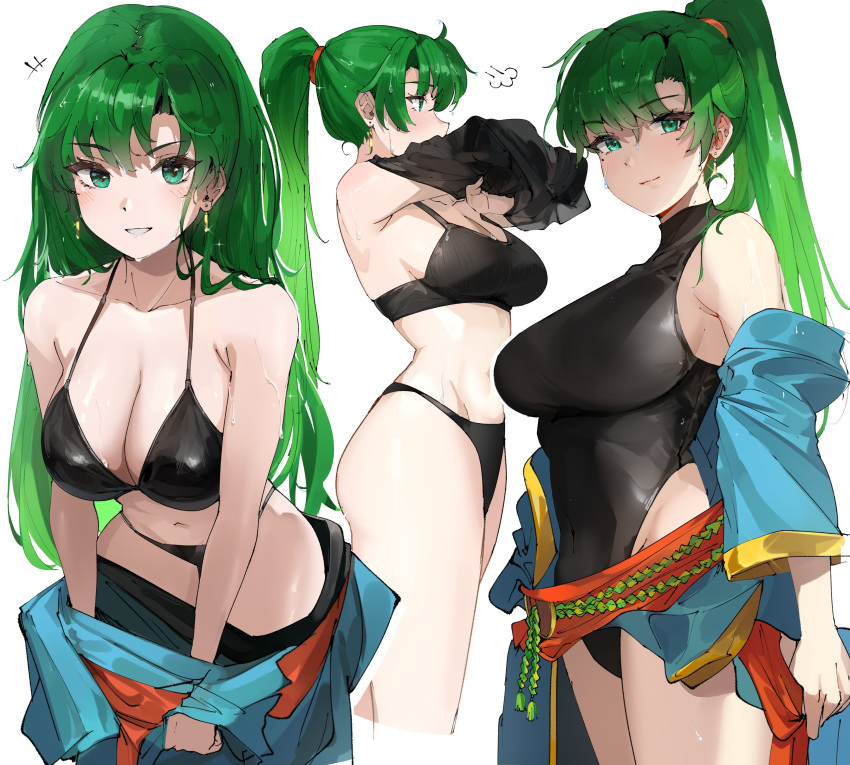 1girls absurdres alternate_costume alternate_hairstyle bikini black_bikini black_one-piece_swimsuit black_swimsuit breasts cleavage covered_navel earrings english_commentary female female_only fire_emblem fire_emblem:_the_blazing_blade green_eyes green_hair hair_down high_ponytail highres jewelry large_breasts long_hair looking_at_viewer lyn_(fire_emblem) navel nintendo one-piece_swimsuit ormille ponytail solo swimsuit very_long_hair wet