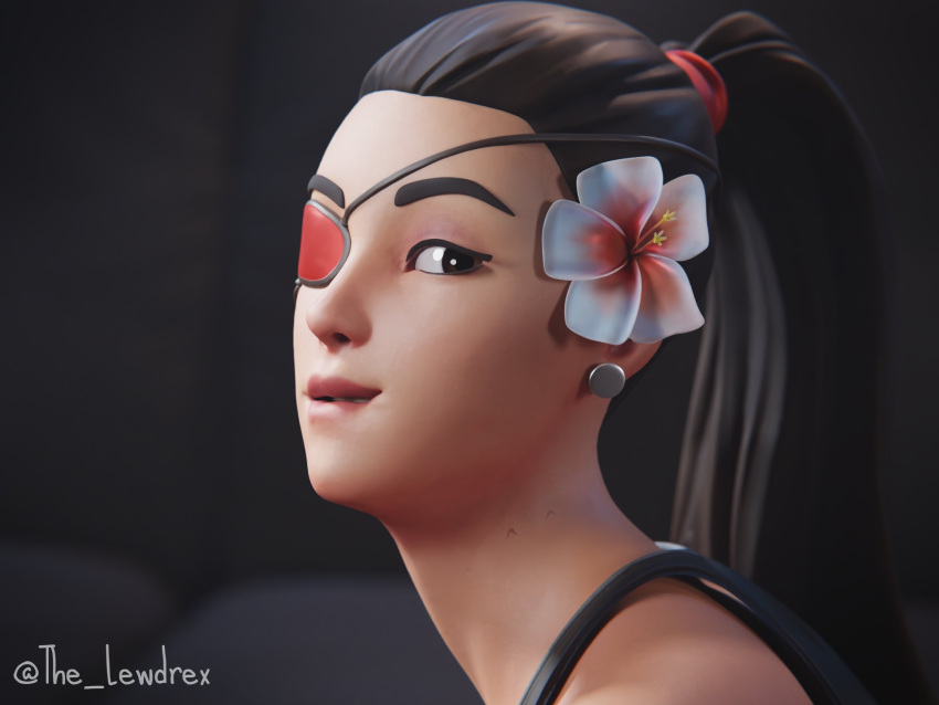 1girls 3d alternate_version_available blender bottomless brown_hair brown_hair carpet close-up clothed clothing couch detailed_background doublecross ear_piercing earrings epic_games face_closeup face_focus female female_focus female_only flower flower_in_hair fortnite highres lewdrex light-skinned_female light_skin looking_at_viewer piercing piercings ponytail pose posing presenting room smile smiling solo solo_focus tank_top topwear watermark