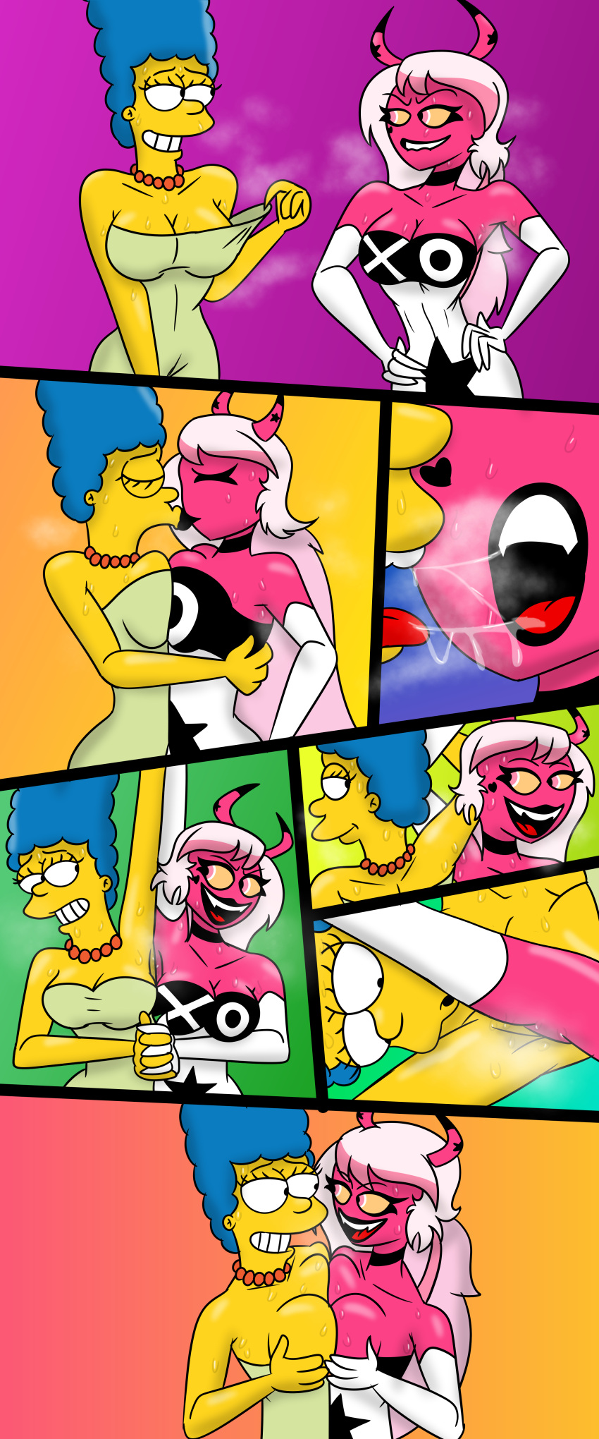 2girls armpit_fetish armpit_grinding armpit_sandwich breast_frottage breast_press female female_only helluva_boss kissing marge_simpson multiple_girls reaper2545 saliva saliva_string saliva_trail succubus sweat sweaty sweaty_armpits the_simpsons verosika_mayday_(helluva_boss) yellow_body yuri