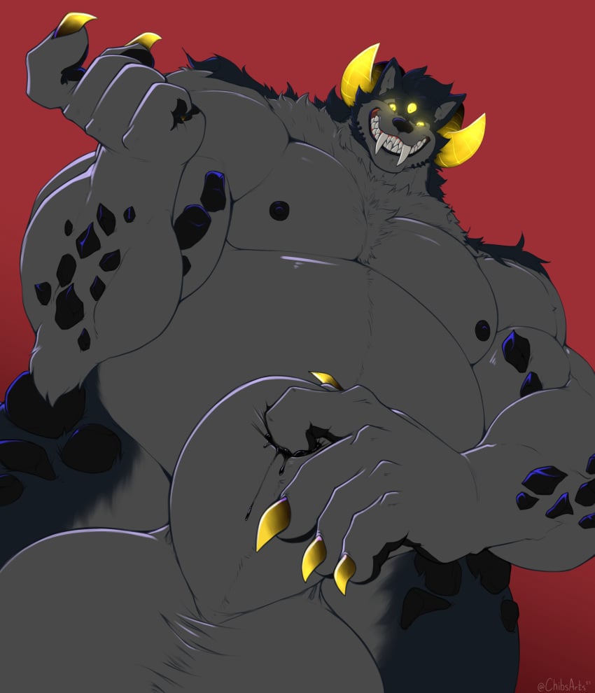 2023 2_horns 3_eyes 5_fingers absurd_res animal_genitalia anthro balls beckoning belly biceps big_balls big_muscles big_sheath black_body black_hair black_nipples black_nose bodily_fluids canid canine canis chest_tuft chibsarts claws curved_horn demon digital_media_(artwork) fangs fingering fingers fur genital_fluids genitals gesture grey_body grey_fur grin hair handpaw hi_res horn looking_at_viewer low-angle_view male mammal multi_eye musclegut muscular muscular_anthro muscular_male neck_tuft nipples overweight overweight_anthro overweight_male pawpads paws pecs rape_face red_background sharp_teeth sheath sheath_fingering sheath_play simple_background smile solo teeth tuft unusual_bodily_fluids unusual_genital_fluids wolf yellow_sclera