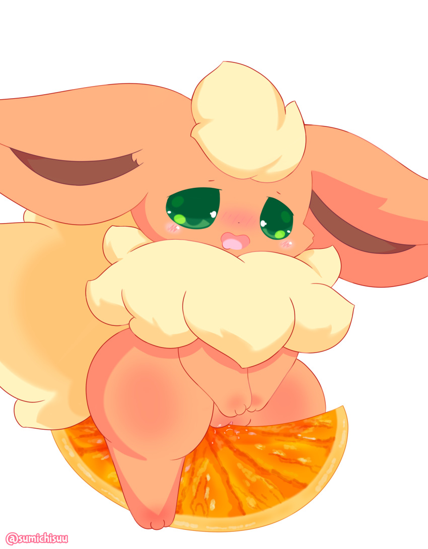 absurd_res blush eeveelution female feral flareon food food_fetish food_play generation_1_pokemon genitals green_eyes hi_res misumasu neck_tuft nintendo open_mouth orange_body plump_labia pokemon pokemon_(species) pussy signature simple_background solo sumichisuu tuft white_background yellow_body