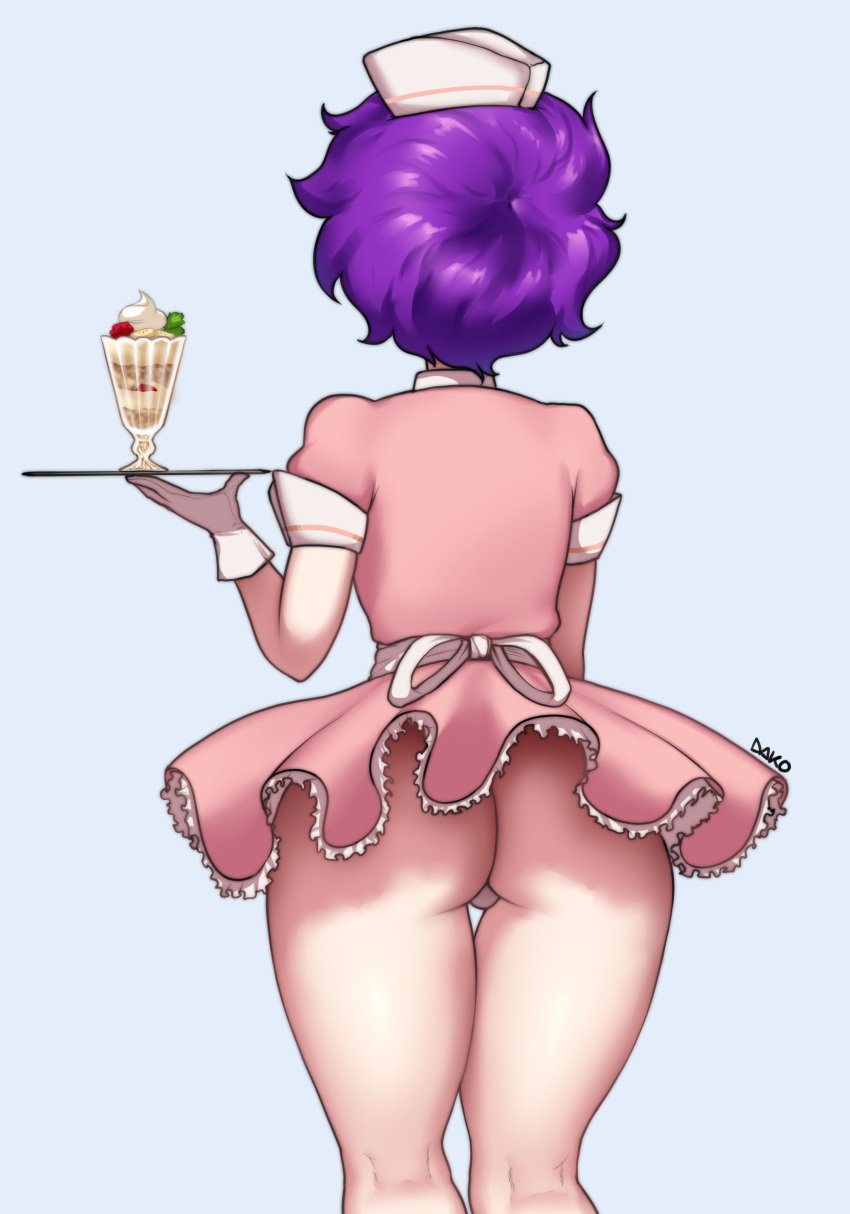 1girls almost_naked apron ass ass_focus back_view blue_eyes clothed cute dako dakosito gloves ice_cream light-skinned_female miniskirt original original_character panties plate pose purple_hair short_hair simple_background small_breasts thick_thighs thighs umiko_(dakosito) upskirt waitress waitress_uniform