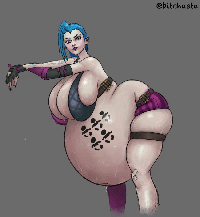 1girls belly belly_expansion big_belly big_breasts bitchasta blue_hair breasts edit expanded_belly expansion female female_only huge_belly huge_breasts hyper_pregnancy jinx_(league_of_legends) league_of_legends overweight overweight_female pregnancy_mark pregnancy_tally pregnant shorts skimpy solo_female sweat sweaty tattoo third-party_edit tight_clothes