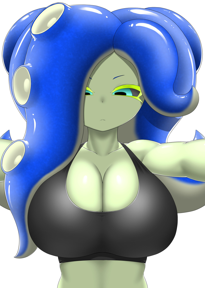 arms_in_front big_breasts blue_hair huge_breasts looking_down looking_down_at_breasts nintendo nobunagapero octoling octoling_girl octoling_rival peronattu sanitized_(splatoon) sanitized_octoling splatoon splatoon_2 tank_top tentacle_hair white_background