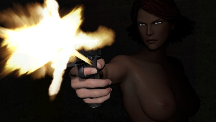 1girls 3d artist_request female_only firing firing_weapon gun meryl_silverburgh metal_gear_solid naked red_hair shooting tagme