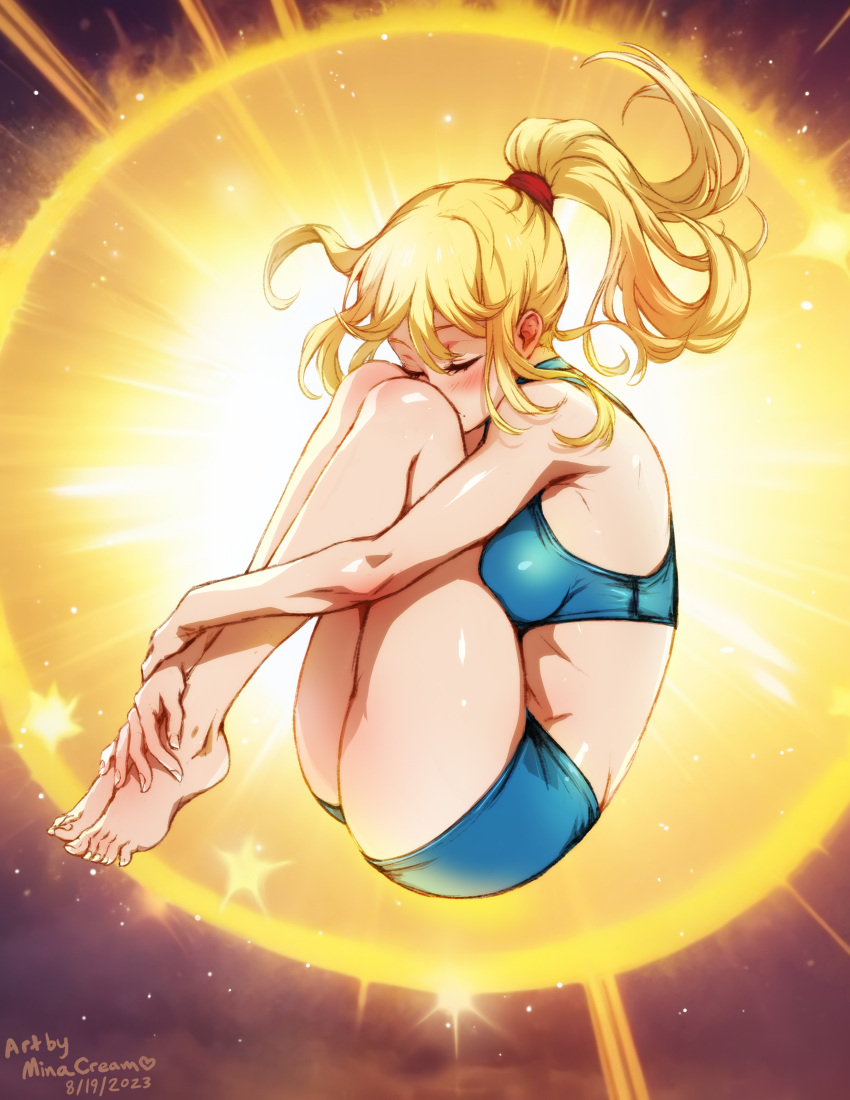 1girls arms bare_shoulders barefoot blonde_hair blue_shorts blue_topwear blush closed_eyes crystal_flash feet female female_only fetal_position hairband highres hugging_legs knees_on_chest legs levitation light-skinned_female long_hair metroid minacream mole mole_under_mouth ponytail samus_aran shorts solo sports_bra sportswear thick_thighs thighs topwear underwear