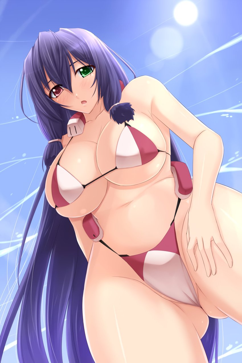 1girls akitsuki_karasu asama_tomo bikini blue_hair breasts cleavage female female_only groin hair_between_eyes heterochromia highleg highleg_bikini highres huge_breasts kyoukaisenjou_no_horizon large_breasts long_hair micro_bikini navel red_bikini red_ribbon ribbon solo solo_female swimsuit thick_thighs thighs two-tone_bikini underboob white_bikini wide_hips