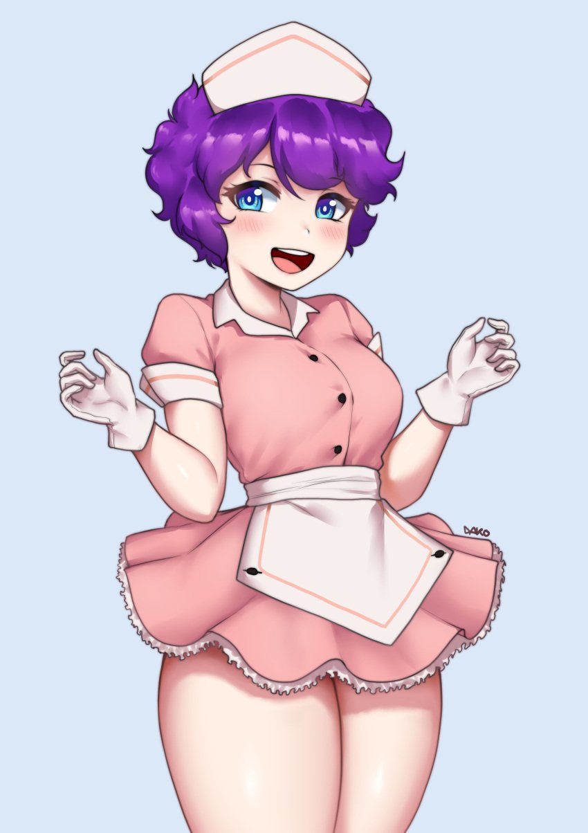 1girls apron blue_eyes clothed cute dako dakosito front_view gloves happy light-skinned_female looking_at_viewer miniskirt original original_character pose purple_hair short_hair simple_background small_breasts thick_thighs thighs umiko_(dakosito) waitress waitress_uniform