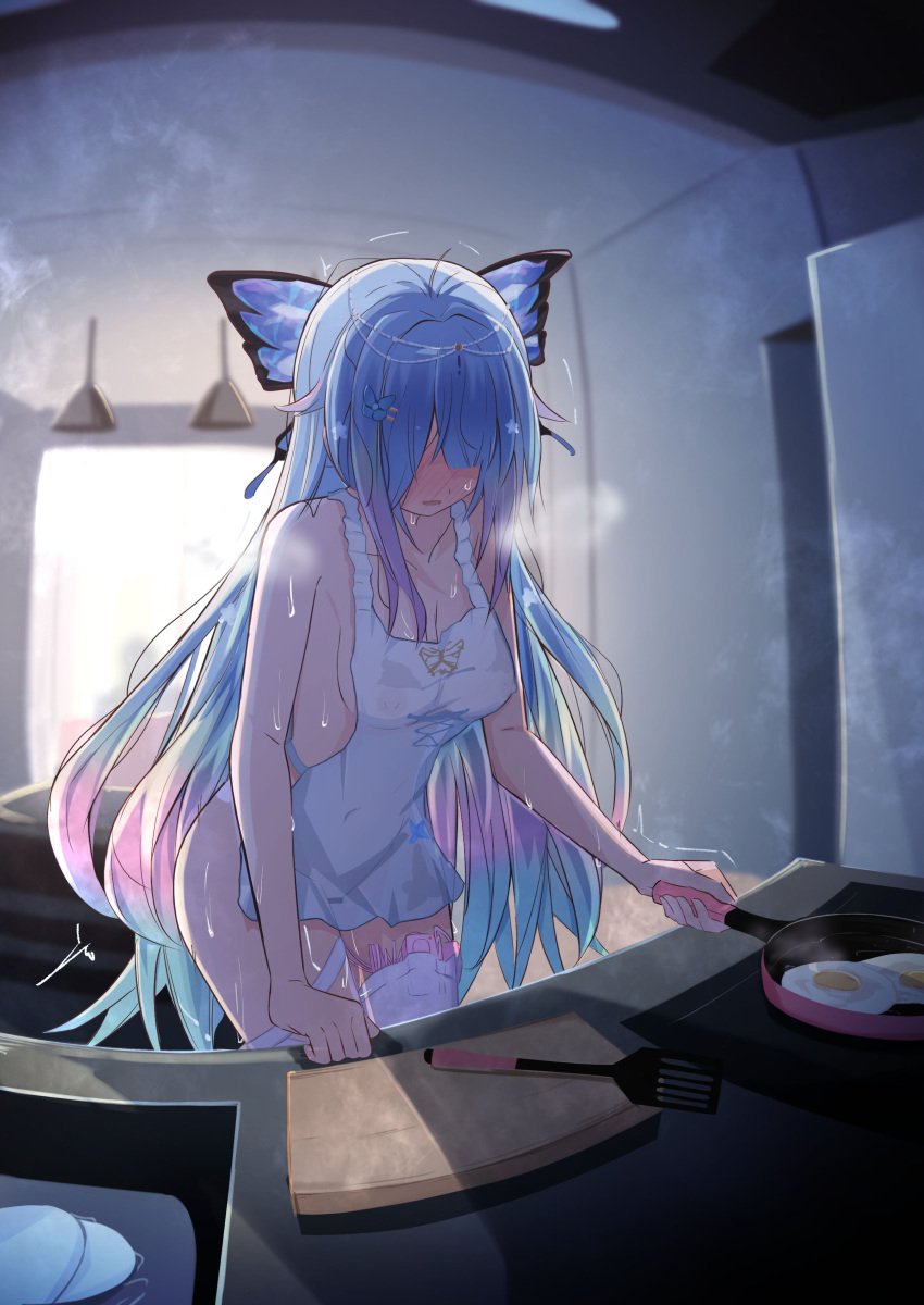 absurdres ameki_(vtuber) apron asymmetrical_legwear backlighting bar_censor bare_shoulders blue_hair blush breasts breath butterfly_hair_ornament censored cleavage clenched_hand collarbone commentary_request commission controller cooking covered_eyes covered_nipples cowboy_shot cutting_board faceless faceless_female female fisheye fried_egg frying_pan full-face_blush gradient_hair hair_ornament hair_over_eyes highres holding holding_frying_pan indoors kitchen leaning_forward long_hair medium_breasts multicolored_hair naked_apron nijisanji nipples nipples_visible_through_clothing open_mouth pink_hair remote_control remote_control_vibrator see-through see-through_apron sex_toy shiwashiseika sidelocks skeb_commission solo spatula standing star_(symbol) star_hair_ornament steam sweat thighhighs trembling very_long_hair vibrator vibrator_cord vibrator_in_thighhighs vibrator_under_clothes virtual_youtuber virtuareal white_thighhighs