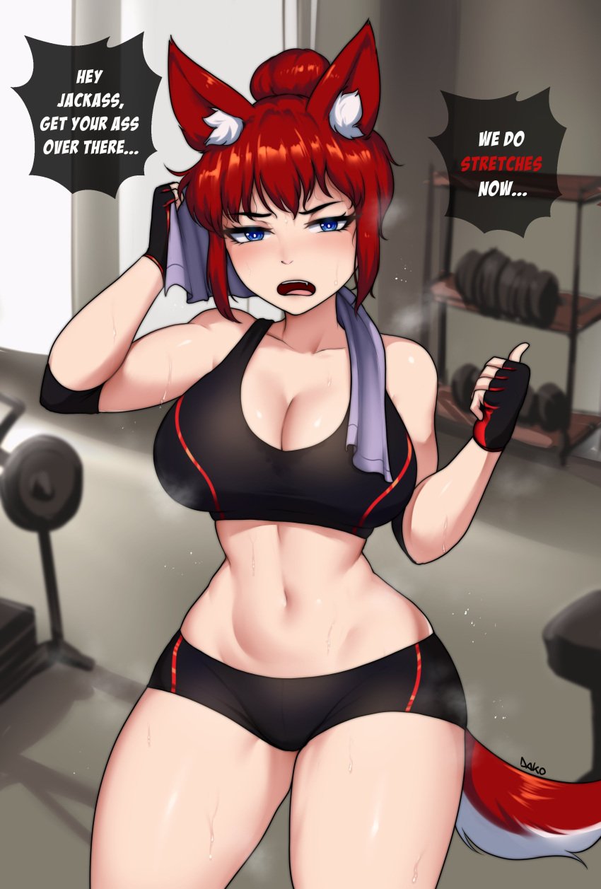 1girls animal_ears big_breasts blue_eyes breasts comic dako dakosito english_text fit_female fox_ears fox_girl fox_tail gym gym_shorts light-skinned_female lina_(dakosito) original ponytail red_hair sports_bra sportswear steam steaming_body sweat sweatdrop sweating thick_thighs thighs wide_hips workout workout_clothes