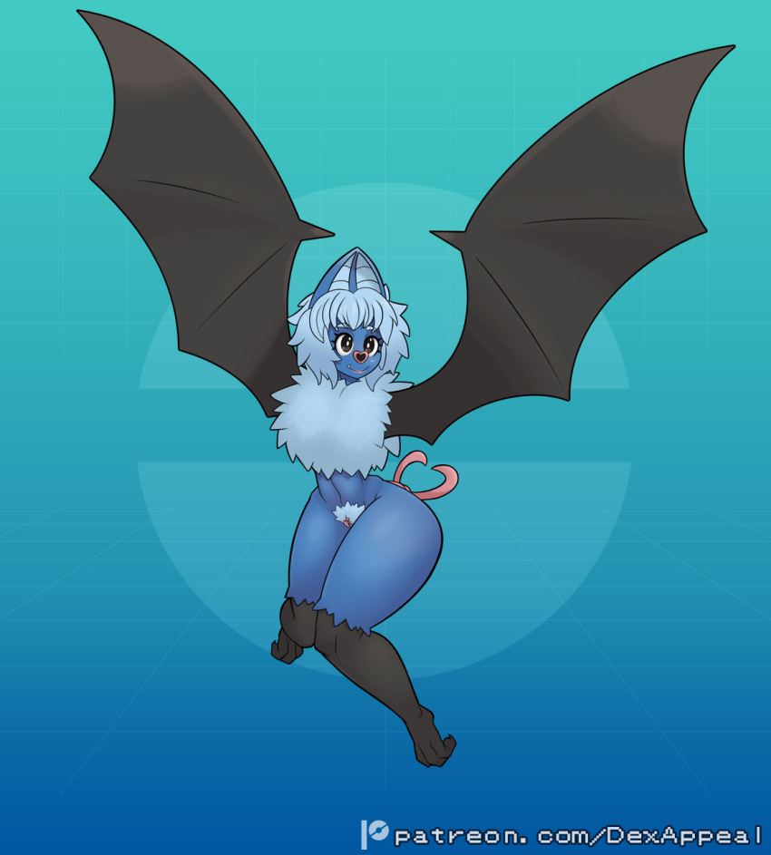 animal_ears anthro bat bat_ears bat_girl bat_wings blue_body bushy_pubes chiropteran dex_appeal fangs female floating flying full_body kemonomimi monster_girl nintendo nude nude_female oerba_yun_fang pokemon pokemon_(species) pokemorph pubic_hair pubic_tuft pussy swoobat tail