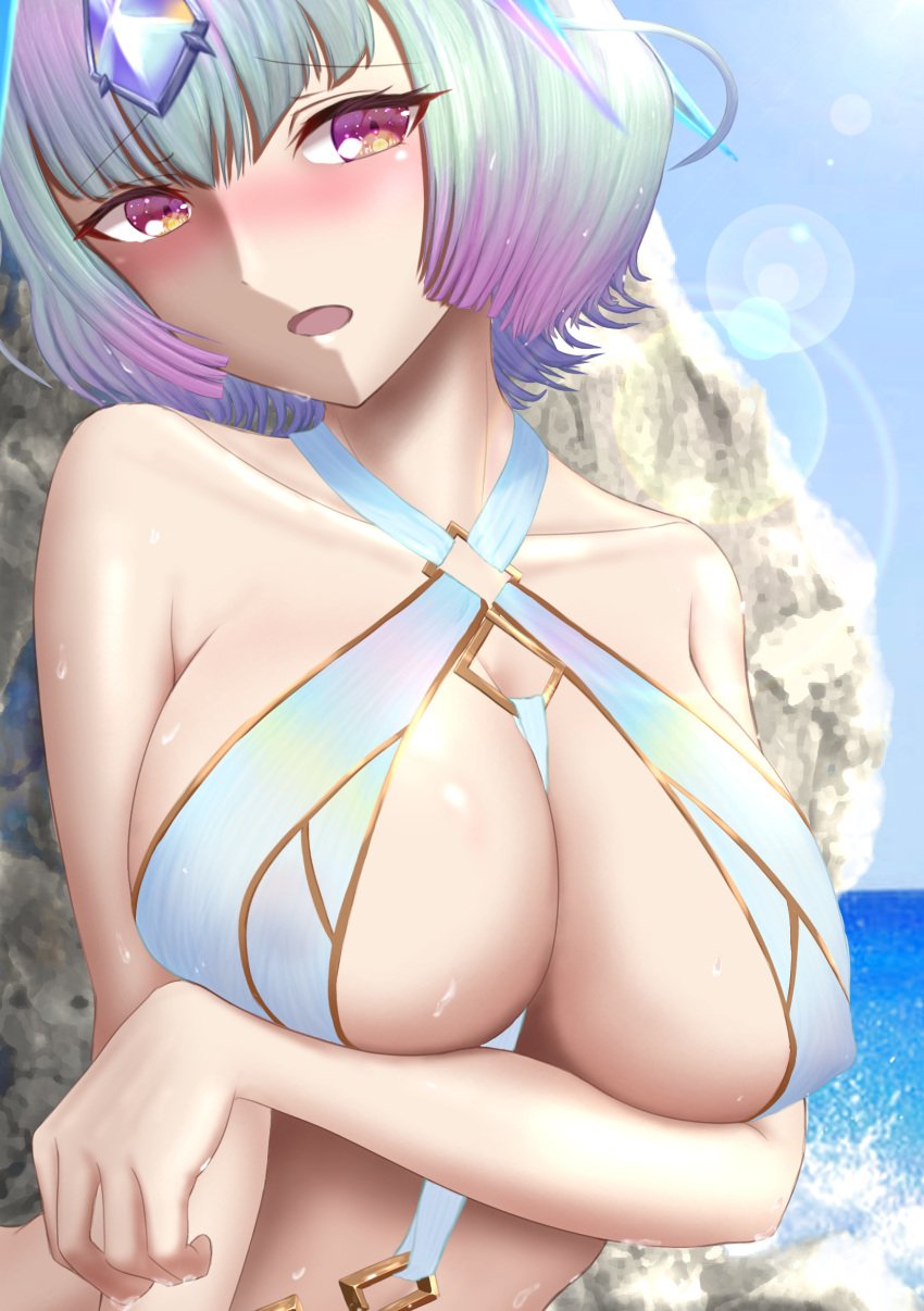 1girls alternate_costume arm_under_breasts bare_midriff bare_shoulders beach bikini blue_bikini blue_swimsuit blush breasts cleavage collarbone covered_nipples day embarrassed female female_only fire_emblem fire_emblem_heroes grey_hair large_breasts matoimangekyo midriff multicolored_hair nervous nintendo ocean outdoors pink_eyes pink_hair rock seidr_(fire_emblem) short_hair shoulders solo swimsuit underboob upper_body wet