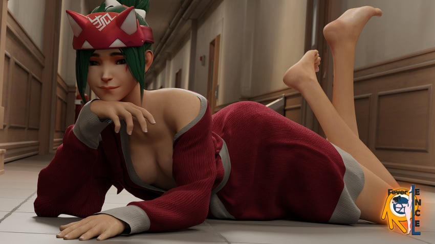 3d biting_lip blender blizzard_entertainment breasts feet feet_up female female_only feverlence green_hair kiriko_(overwatch) kiriko_kamori looking_at_viewer on_floor overwatch overwatch_2 pose posing robe