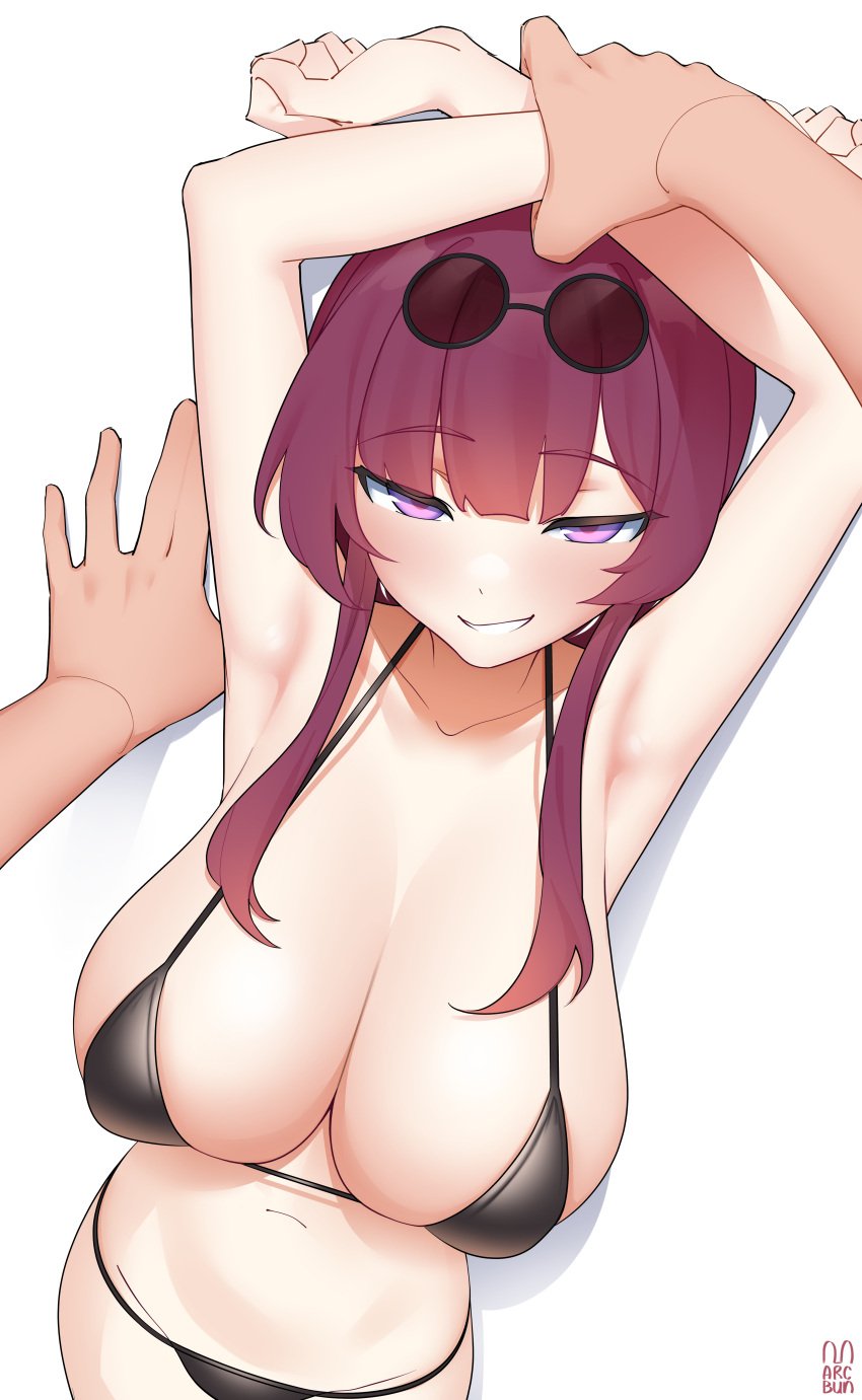 1boy 1girls absurdres arcbun armpits arms_up bare_arms big_breasts bikini black_bikini black_swimsuit black_swimwear blush blush blushing_at_viewer breasts cleavage clenched_hands eyebrows_visible_through_hair eyewear eyewear_on_head grin grinning grinning_at_viewer highres honkai:_star_rail honkai_(series) huge_breasts kafka_(honkai:_star_rail) large_breasts long_hair micro_bikini navel pov pov_eye_contact purple_eyes purple_hair simple_background smile smiling smiling_at_viewer straight sunglasses sunglasses_on_head swimsuit swimwear white_background