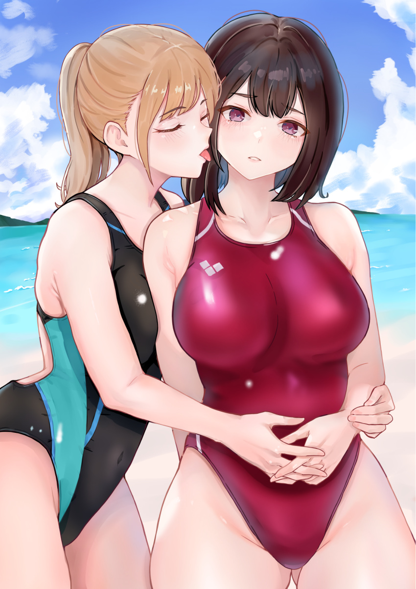 2023 2girls absurd_res ass_visible_through_thighs beach black_swimsuit blonde_hair blush breast_press breasts brown_hair closed_eyes cloud competition_swimsuit covered_navel eyebrows_visible_through_hair female female_only hair_between_eyes highres holding_hands hug interlocked_fingers large_breasts long_hair looking_at_viewer medium_breasts multiple_girls nobita_(nbnobita) ocean one-piece_swimsuit open_mouth original outdoors ponytail purple_eyes red_swimsuit sky standing swimsuit teeth thick_thighs thighs tied_hair tongue tongue_out water yuri