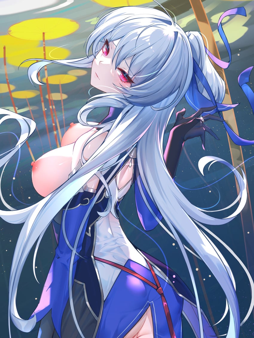 back_view blue_hair blush breasts honkai:_star_rail honkai_(series) jingliu_(honkai:_star_rail) medium_breasts misheng_liu_yin pink_eyes uncensored very_long_hair