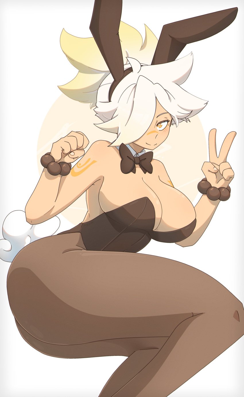 1girls ass bare_shoulders big_breasts body_markings bowtie bracelet breasts bunny_ears bunny_tail bunnysuit cleavage clothing curvy detached_collar eyebrows eyelashes fake_animal_ears female hair_over_one_eye high_ponytail legs leotard lieumare long_hair looking_at_viewer no_bra orange_hair peace_sign ponytail raiko_(lieumare) smile tagme thick thick_thighs thighs v white_background white_hair