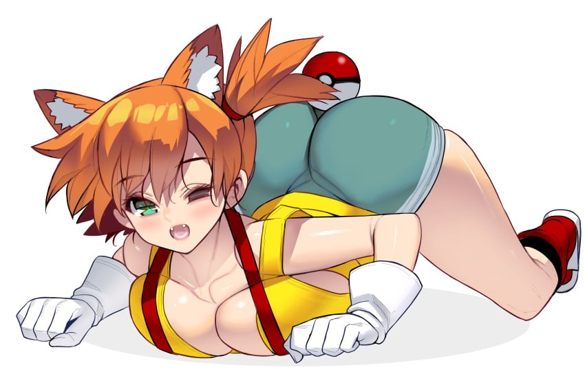 alternative_bust_size animal_ears aqua_eyes ass asymmetrical_hair bare_arms bare_legs blush breasts cleavage cosplay cowboy_shot curvy denim denim_shorts fangs female female_only game_freak gen_1_pokemon gloves green_eyes gym_leader hair_between_eyes hair_tie highres huge_ass huge_breasts kasumi_(pokemon) kasumi_(pokemon) large_ass large_breasts legs looking_at_viewer masao mind_control nintendo oerba_yun_fang one_eye_closed open_mouth orange_hair poke_ball pokemon pokemon_(anime) pokemon_(classic_anime) pokemon_(game) pokemon_ears pokemon_rgby pokemon_tail ponytail shiny_skin shirt short_hair short_ponytail short_shorts shorts side_ponytail simple_background smile solo suspenders tail tank_top thick_thighs thighs wide_hips wink yellow_shirt