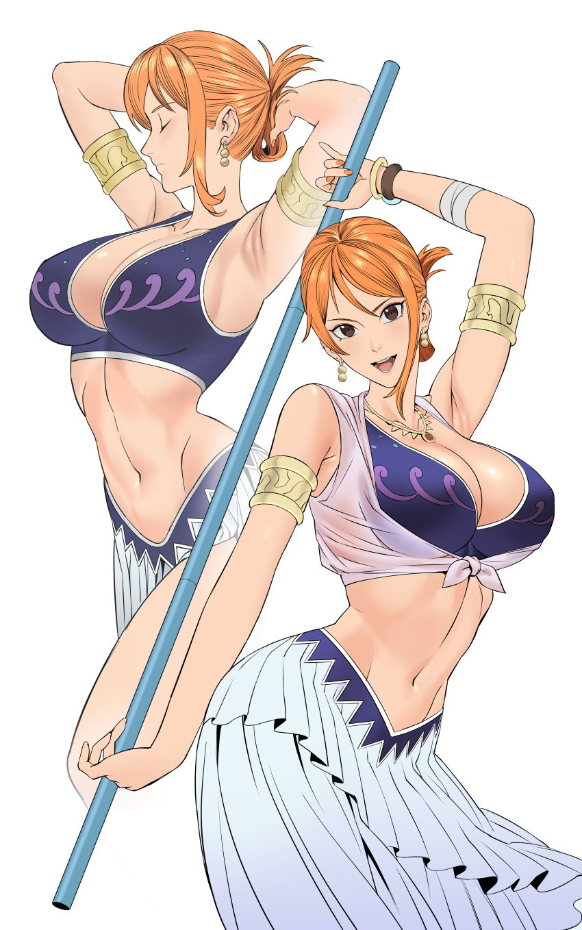 1girls alabasta arabasta_saga arabian_clothes armlet armpits belly belly_button belly_dancer belly_dancer_outfit brown_eyes cleavage dancer_outfit female female_human female_only fit_female harem_girl harem_outfit hourglass_figure human large_breasts light-skinned_female looking_at_viewer midriff nami necklace one_piece orange_hair pre-timeskip skirt slim_waist staff uukkaa voluptuous