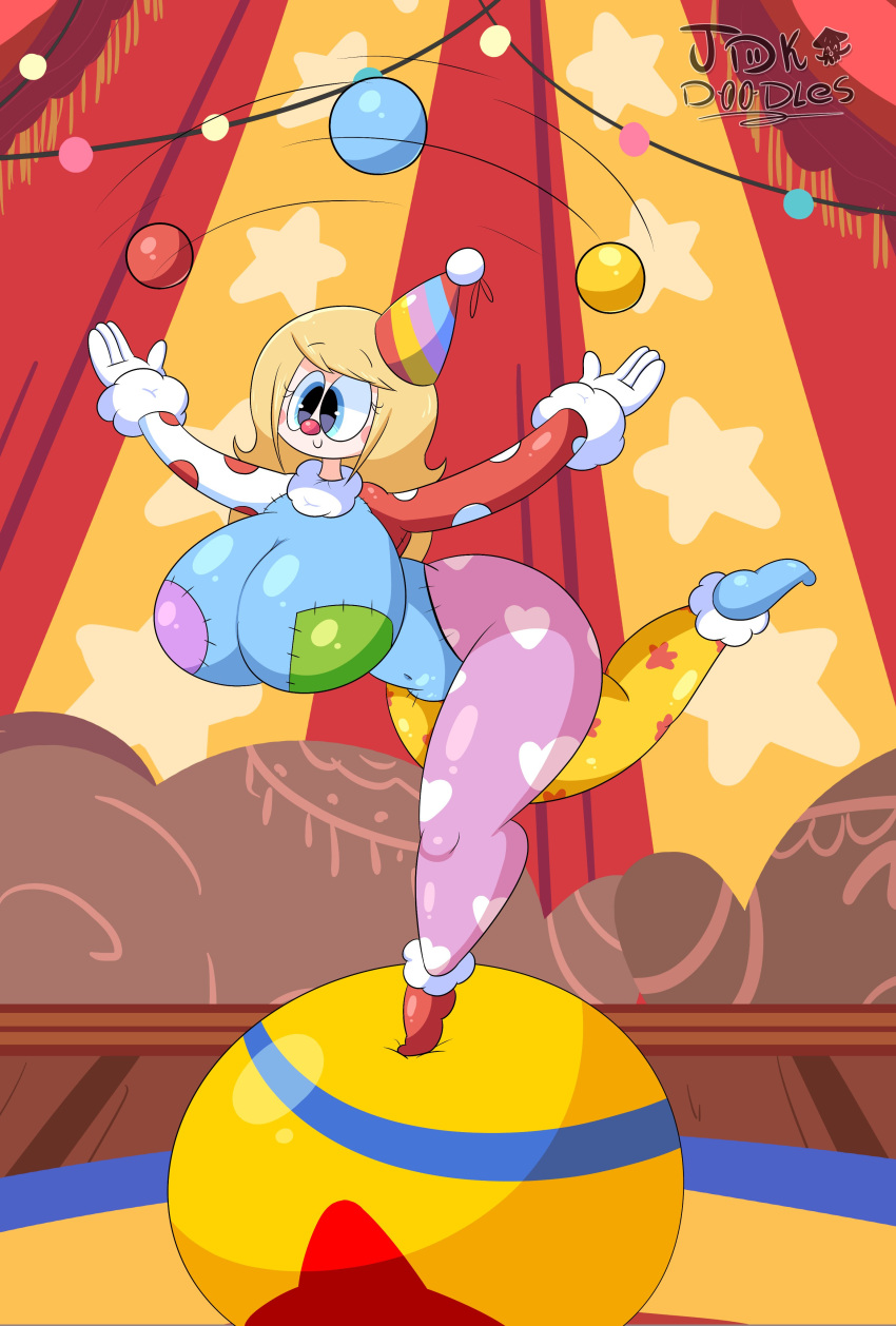 1girls alternate_version_available ball blonde_hair blue_eyes bodysuit breasts casual circus clothed clothed_female clown clown_nose female female_only full_body heelen_(jdkdoodles) indoors inside jdkdoodles juggling large_breasts leg_up long_hair original original_character smile solo solo_female standing standing_on_ball standing_on_one_leg tent