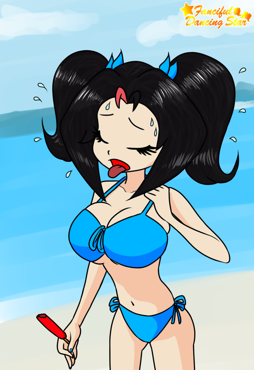 1girls 2023 5_fingers beach big_breasts bikini bikini_bottom bikini_top black_hair blue_bikini blue_bikini_bottom blue_bikini_top closed_eyes cute female looking_at_viewer ocean original original_character painted_fingernails painted_nails partially_dyed_hair popsicle sand sayuri_sakamoto_(tuxedomoroboshi) small_ass summer sweat sweatdrop sweating tagme tongue tongue_out tuxedomoroboshi twintails