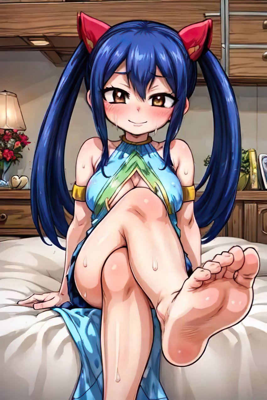 1girls 5_toes ai_generated alternate_breast_size bed bedroom big_breasts blue_hair blush breasts brown_eyes cleavage crossed_legs fairy_tail feet female foopanthia foot_fetish foot_focus from_below highres legs legs_crossed looking_at_viewer sitting smile smiling sole_female soles solo solo_female solo_focus sweat sweaty tease teasing thick thick_thighs thighs toes twintails wendy_marvell wet