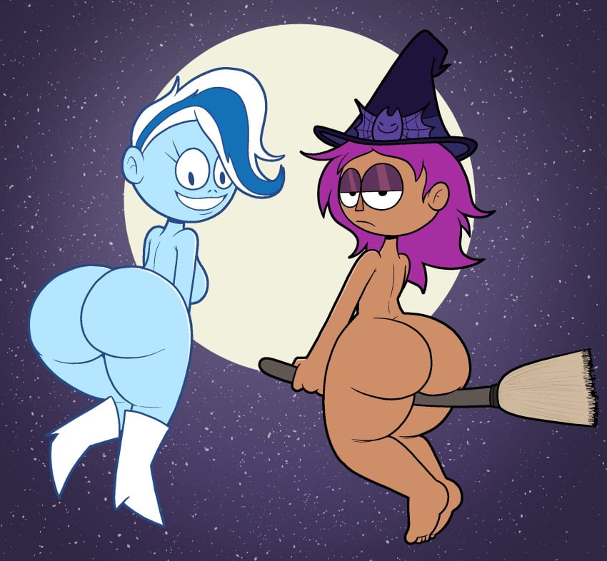 2girls ass badguynek barefoot big_ass blue_body broom broom_riding completely_nude completely_nude_female crossover enid female female_only footwear full_body full_moon half-closed_eyes looking_at_viewer looking_back moon multiple_girls naked naked_female naked_footwear nude nude_female ok_k.o.!_let's_be_heroes phantasma_phantom purple_hair rear_view scooby-doo_and_the_ghoul_school witch witch_hat