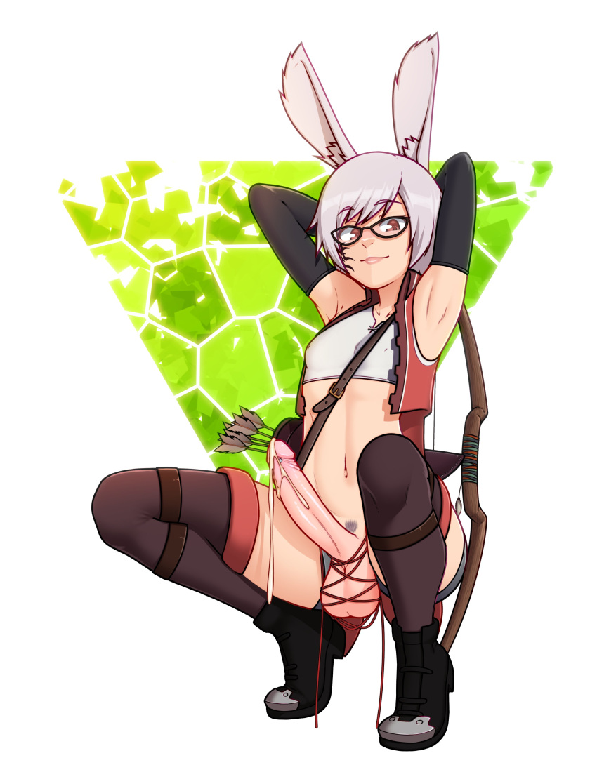 1boy 2020 absurd_res alexw95 arms_behind_head armwear arrow_(weapon) balls boots bow_(weapon) bunny_ears clothed clothing cum cum_drip cum_dripping cum_dripping_from_penis erect_penis erection femboy final_fantasy final_fantasy_xiv glasses legwear looking_at_viewer male male_only penis penis_out pubic_hair quiver rabbit_ears red_eyes short_hair smiling smiling_at_viewer solo squatting taiyo_akari testicles thighhighs tiptoes viera white_background white_hair