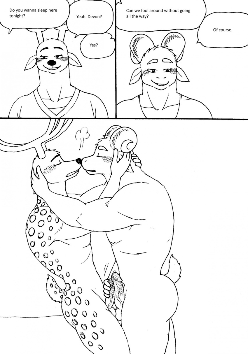 2023 5_fingers anthro anthro_on_anthro antlers ass bernielover bernielover's_college_au blush bodily_fluids bovid caprine closed_eyes clothed clothing comic deer devon_(bernielover) dialogue dripping duo english_text erection fingers frottage fur genital_fluids genitals hand_on_face hi_res horn humanoid_hands male male/male mammal monochrome muscular muscular_anthro muscular_male nude penis precum precum_drip sex shirt smile speech_bubble spots spotted_body spotted_fur text topwear whitney_(bernielover)