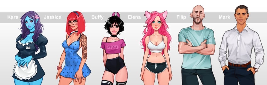 2boys 4girls animal_ears athletic athletic_female big_breasts black_hair blue-skinned_female blue_skin breasts buffy_(minko) busty cat_ears cat_tail catgirl cleavage curvaceous curvy curvy_female curvy_figure digital_drawing_(artwork) digital_media_(artwork) elena_(minko) eyebrows eyelashes eyes female female_focus fit fit_female freckles hair hi_res hips hourglass_figure huge_breasts jessica_(minko) kara_(minko) large_breasts legs light-skinned_female light_skin lips long_hair male minko olena_minko original original_character original_characters pale-skinned_female petite petite_body petite_female pink_hair short_hair slim slim_waist small_breasts thick thick_legs thick_thighs thighs top_heavy upper_body visual_novel voluptuous waist wide_hips