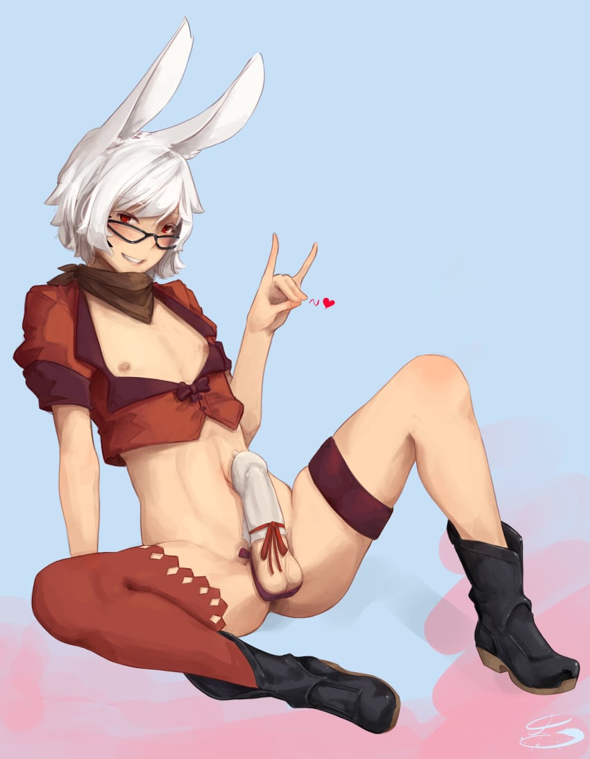 1boy 2020 \m/ absurd_res balls bent_legs blush bunny_ears cock_sleeve erect_penis final_fantasy final_fantasy_xiv gesture glasses heart looking_at_viewer male male_only no_underwear penis pubic_hair red_eyes short_hair sitting smiling smiling_at_viewer solo susho taiyo_akari viera white_hair white_pubic_hair