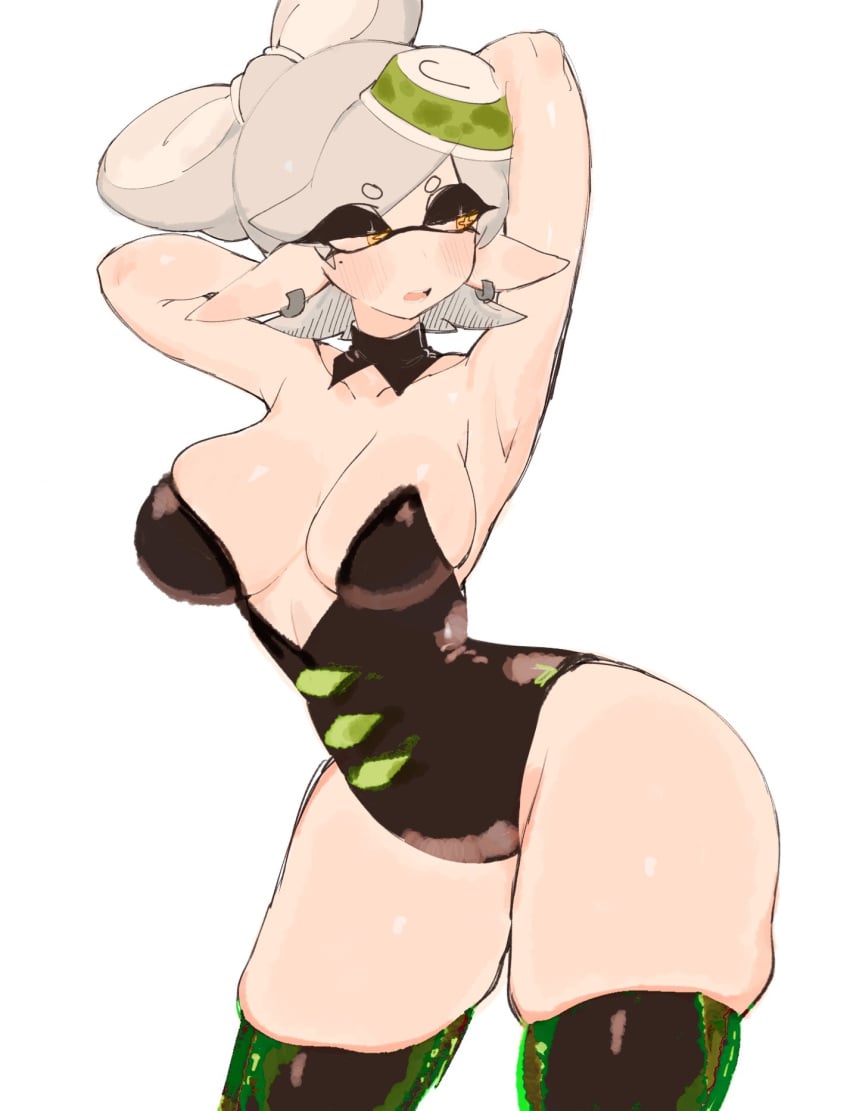 armpits arms_behind_head big_ass big_breasts blank_background breasts cleavage clothing eyes_half_closed eyes_half_open female hands_behind_head hip_focus huge_ass huge_breasts large_breasts leggings marie_(splatoon) one_piece_suit one_piece_swimsuit perfect_body plain_background skindentation solo splatoon splatoon_(series) squid squid_girl squid_humanoid thick_thighs usa37107692 white_background wide_hips