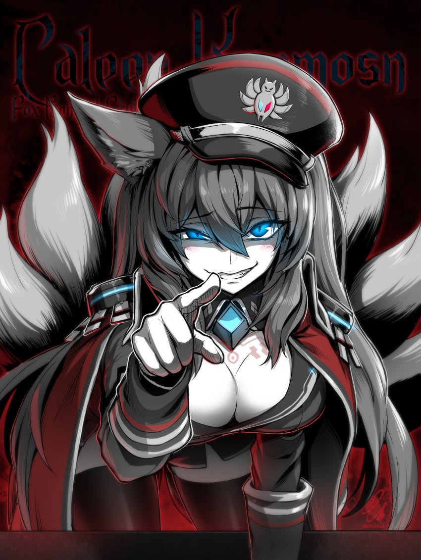 1girls bent_over blue_eyes brown_hair caleen_keemosn cleavage commission ebiblue eyebrows_visible_through_hair female female_focus female_only fox_ear fox_girl fox_tail glowing_eyes grin hair_ribbon kemonomimi kitsunemimi looking_at_viewer military_uniform monochrome multiple_tails pointing_at_viewer runes safe_for_work signature simple_background star_ocean star_ocean_anamnesis text_in_background thick_thighs thighhighs twintails very_long_hair