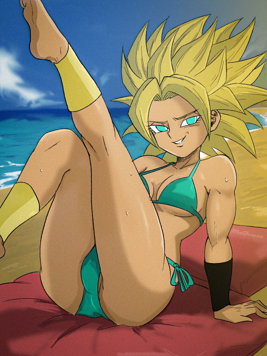 1girls ankle_cuffs armband beach bikini blonde_hair breasts caulifla cleavage dragon_ball dragon_ball_super dragon_ball_z female_saiyan leg_up looking_at_viewer maiohneze outdoors partially_visible_vulva perky_breasts pussy pussy_peek saiyan saiyan_girl sideboob smile solo_focus spiky_hair super_saiyan sweat tan-skinned_female tan_skin toned_female towel turquoise_eyes underboob universe_6/universe_7 water