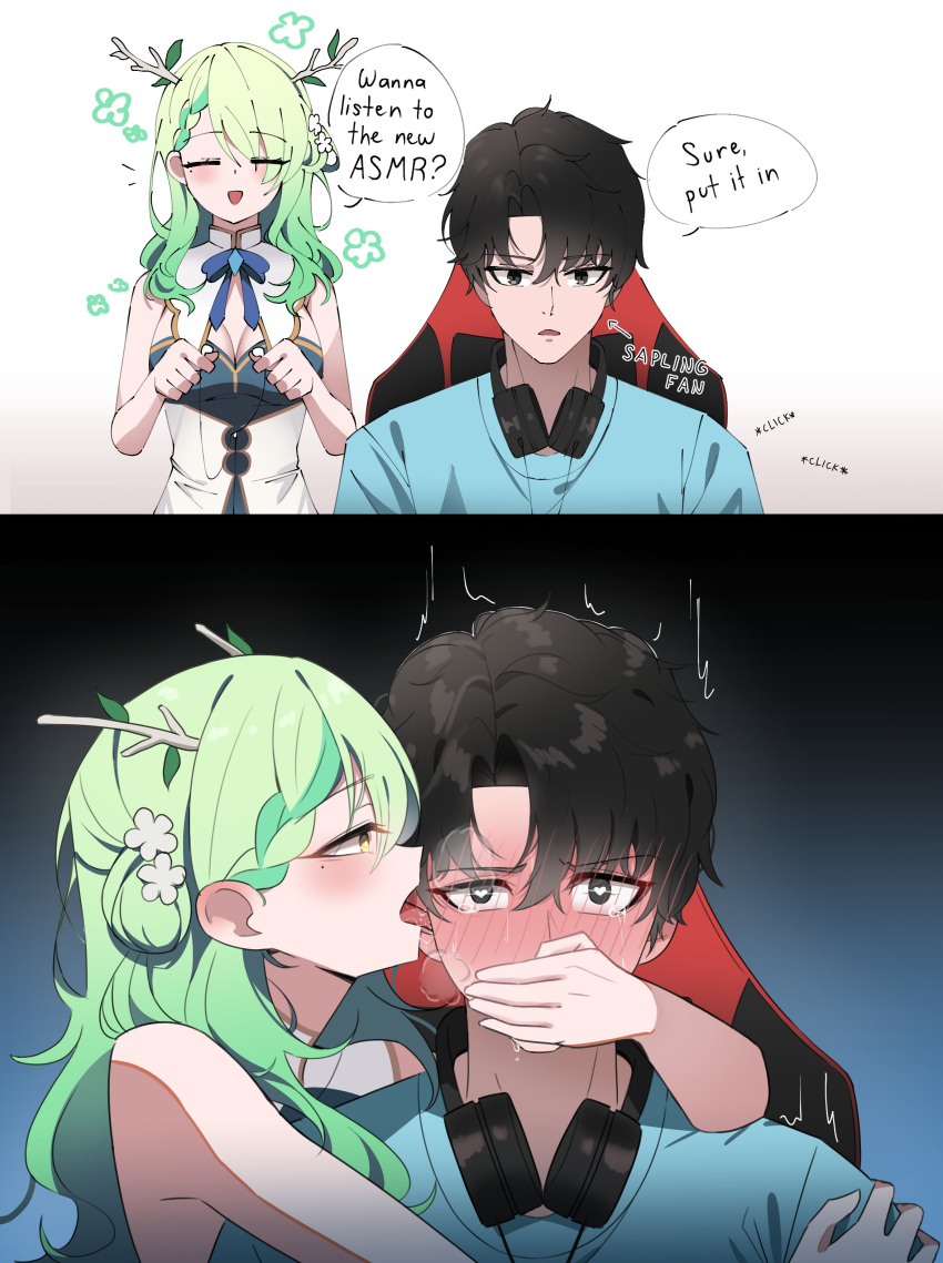 1boy 2koma absurdres antlers asmr black_hair blue_shirt blush breasts ceres_fauna ceres_fauna_(1st_costume) chair cleavage closed_eyes comic covering_another's_mouth dotonburi dress earphones english_text female gaming_chair green_hair hair_ornament headphones headphones_around_neck heart heart-shaped_pupils highres holding holding_earphones hololive hololive_english hololive_english_-council- hololive_english_-promise- large_breasts mole mole_under_eye saplings_(ceres_fauna) shirt short_sleeves sitting speech_bubble steam swivel_chair symbol-shaped_pupils virtual_youtuber white_dress yellow_eyes