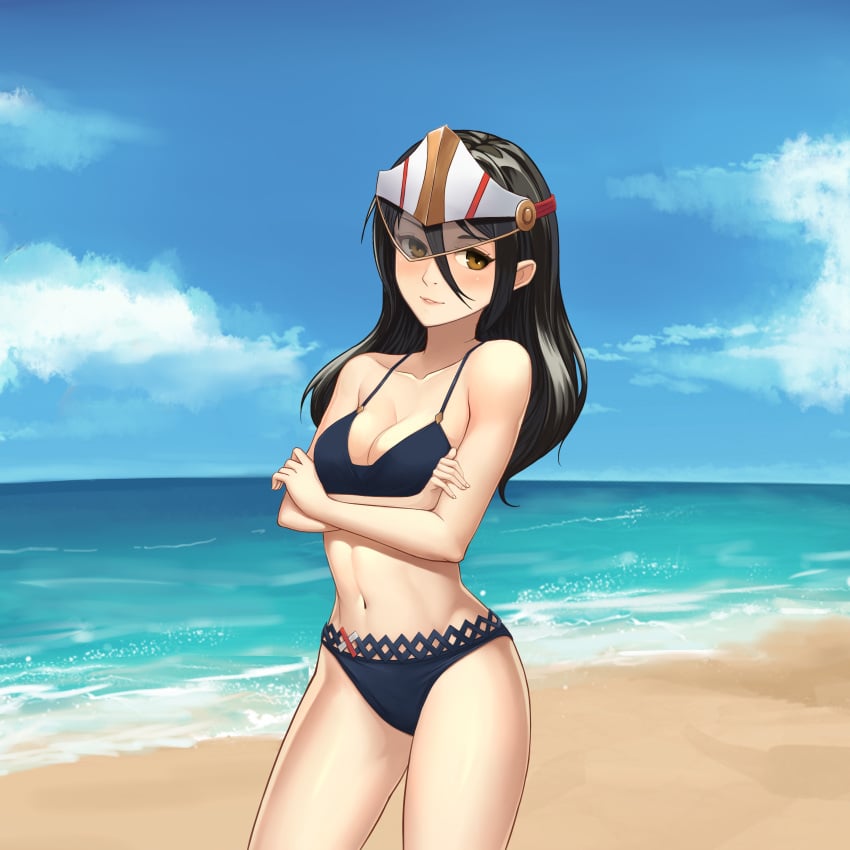 1girls beach bikini black_hair blue_sky dakkalot morag_ladair_(xenoblade) nintendo ocean posing xenoblade_(series) xenoblade_chronicles_2 yellow_eyes