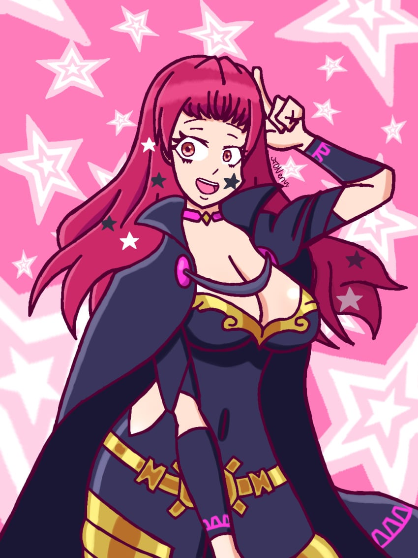 1girls bangs bodysuit breasts cape choker cleavage covered_navel dnenvy facial_tattoo female female_only fire_emblem fire_emblem_engage gesture hair_ornament large_breasts looking_at_viewer nintendo open_mouth orange_eyes red_hair smile solo star star_(symbol) tattoo yunaka_(fire_emblem)