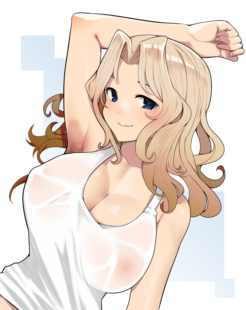 arm_up armpits blonde_hair blue_eyes cleavage female girls_und_panzer kay_(girls_und_panzer) large_breasts looking_at_viewer see-through shita_(yagisauce_07) solo sweat tank_top wet