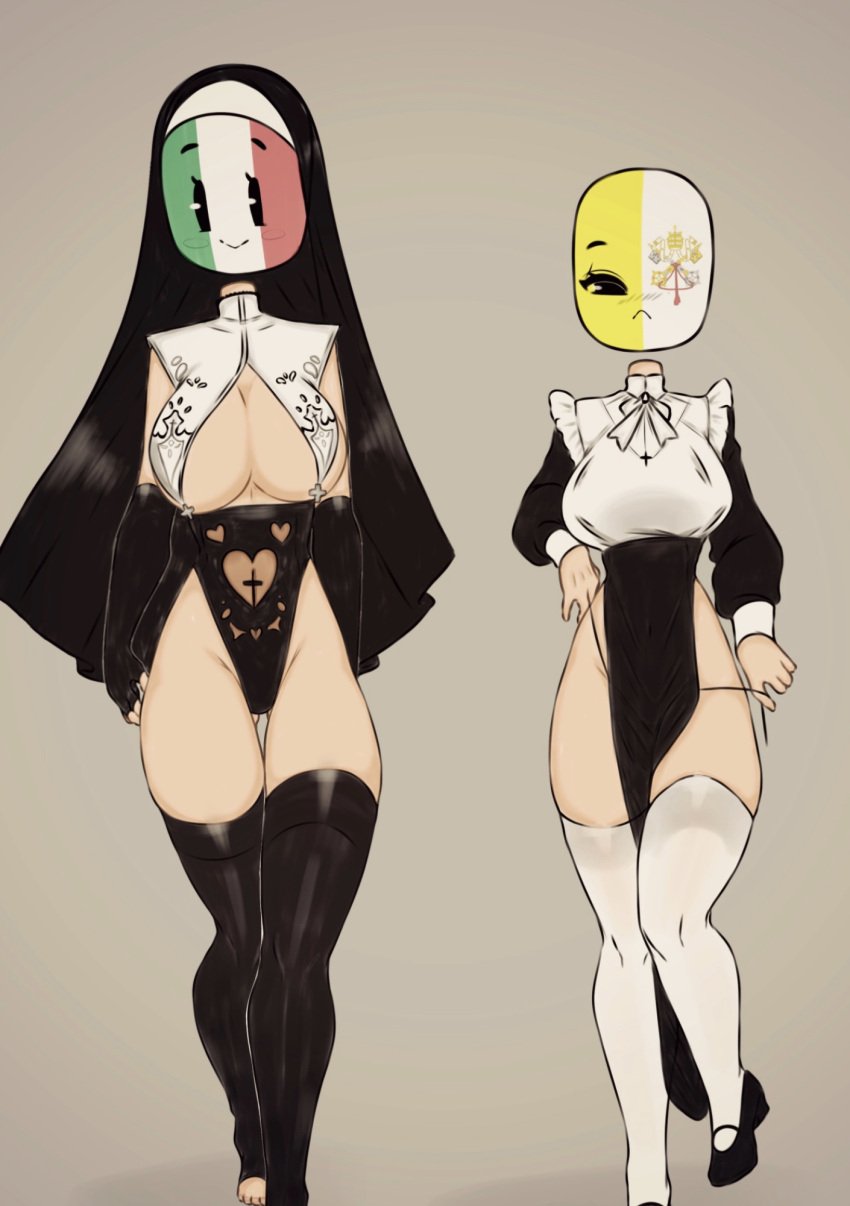 2girls big_breasts black_stockings countryhumans countryhumans_girl female flawsy headwear italy_(countryhumans) nun vatican_city_(countryhumans) white_stockings