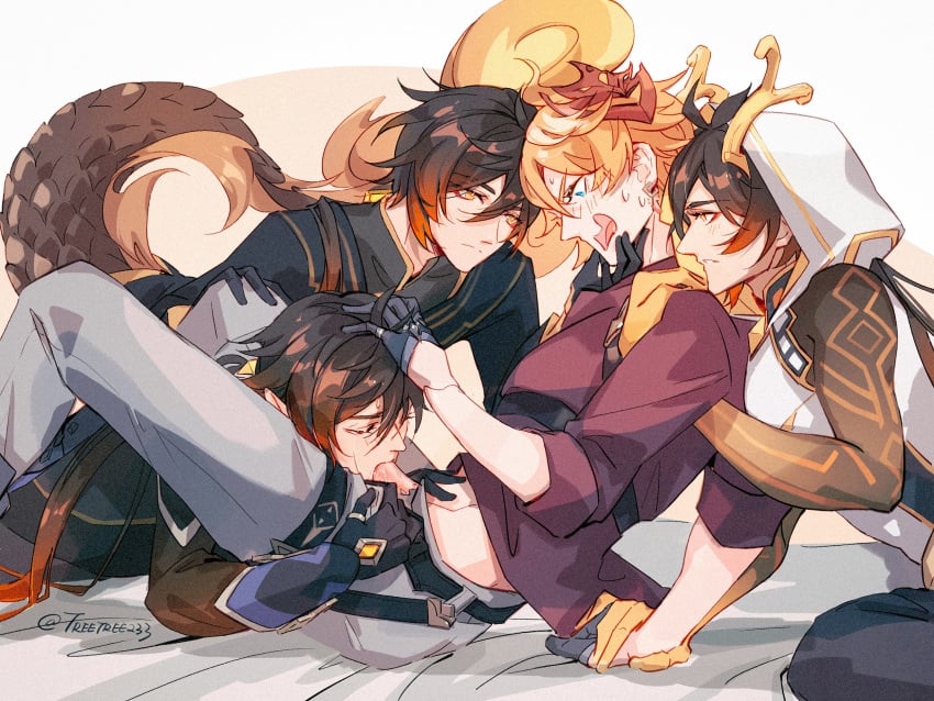 4boys blue_eyes brown_hair childe_(genshin_impact) dragon_horns dragon_tail eyeliner fellatio gay genshin_impact hand_on_another's_head hand_on_another's_shoulder holding_hands long_hair male morax red_eyeliner rex_lapis_(genshin_impact) tartaglia_(genshin_impact) treetree233 zhongli_(genshin_impact)