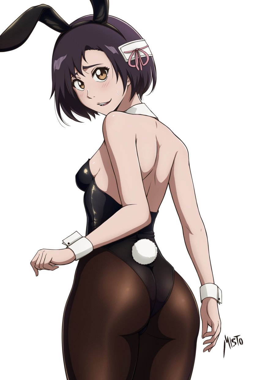 1girls ass ass_focus back_view bare_shoulders bleach bleach:_the_thousand-year_blood_war blush breasts brown_hair bunny_ear bunny_girl bunny_tail bunnysuit clothing collar female female_only hinamori_momo looking_at_viewer looking_back mistowing short_hair sideboob simple_background solo watermark white_background wrist_cuffs