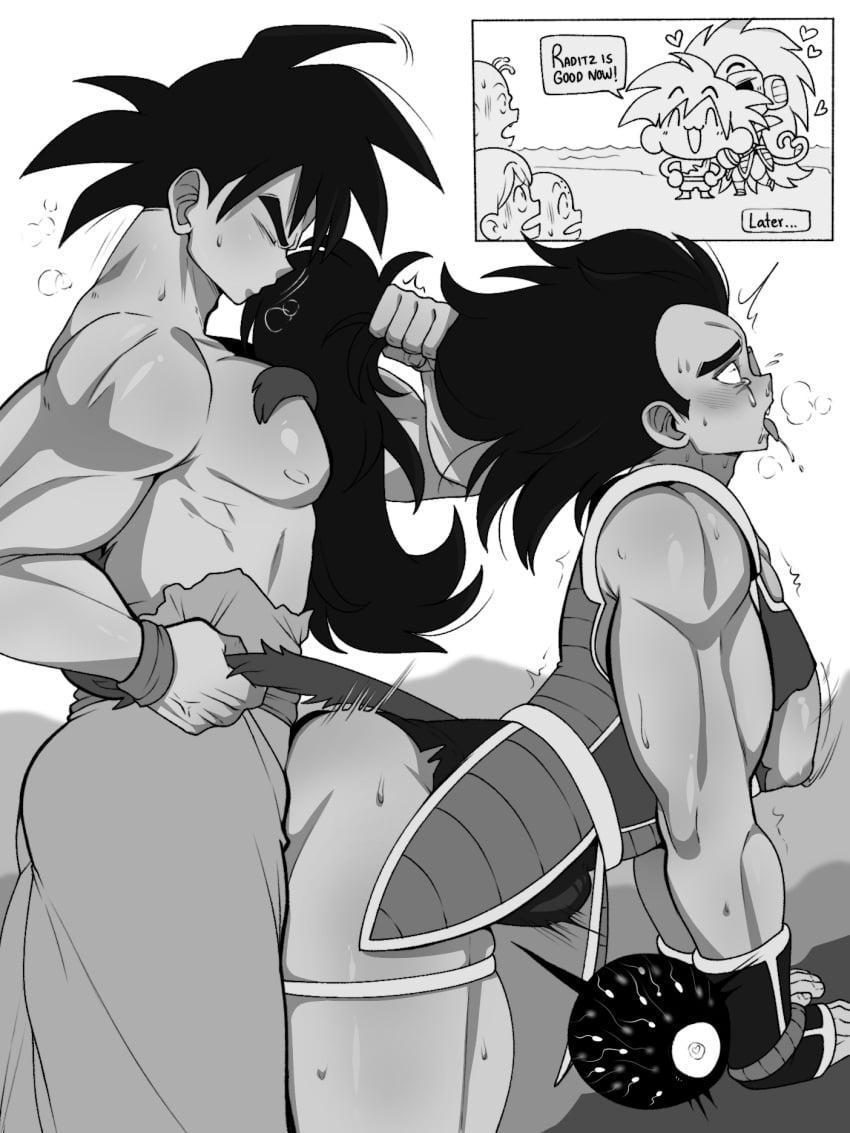 bara big_ass big_butt big_pecs blush boob_window cuntboy dragon_ball dragon_ball_z femboy hair_pull hair_pulling incest intersex long_hair male male_only monochrome muscles muscular niumek_kun panting pussy raditz ripped_clothing saiyan sex shirtless son_goku stomach_bulge tail tail_grab tears tongue_out vaginal_sex yaoi