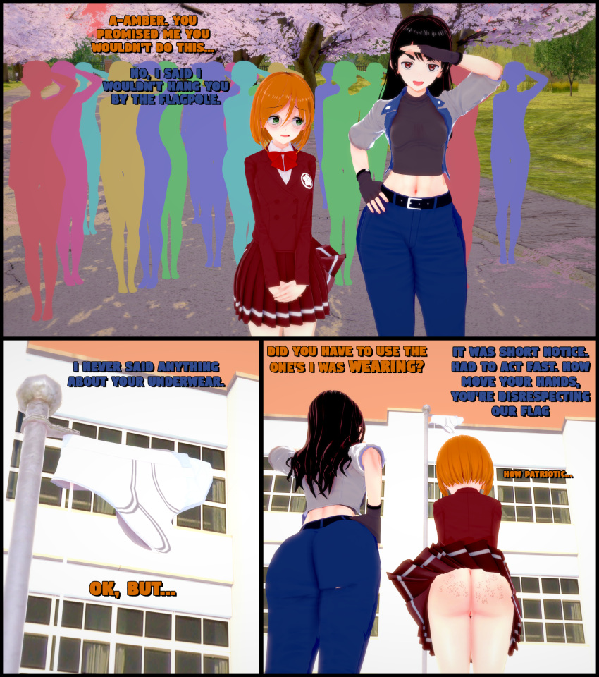 3d_(artwork) accidental_exposure amanwithnoplan amber_brook ass dialogue embarrassed exposed exposed_ass freckles freckles_on_ass koikatsu no_panties original public_exposure public_humiliation pussy_peek red_hair saleisha_evaans school school_uniform schoolgirl skirt underwear wardrobe_malfunction windy_skirt