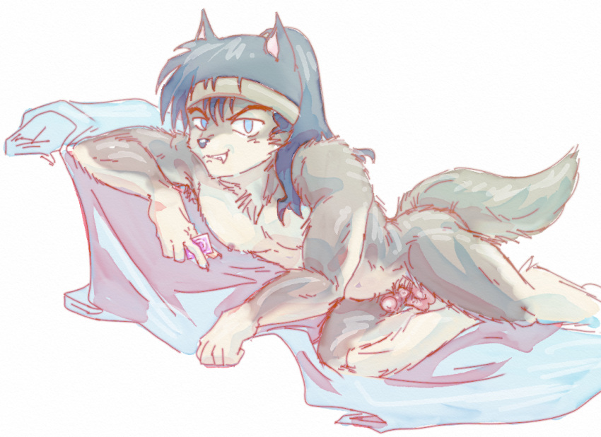 anthrofied artist_request canine condom_in_hand erection inuyasha koga male nude suggestive_look wolf