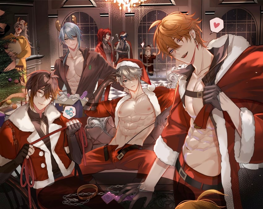 7boys abs aether_(genshin_impact) alhaitham_(genshin_impact) arataki_itto chain_collar chains childe_(genshin_impact) christmas_outfit christmas_tree condom condom_packet_strip diluc_(genshin_impact) gay genshin_impact holding_object holding_rope kaeya_(genshin_impact) kamisato_ayato male male_only multiple_boys muscular muscular_male pnk_crow red_rope santa_claus tartaglia_(genshin_impact) yaoi zhongli_(genshin_impact)